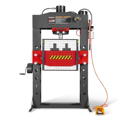 100 Ton H-Frame Air/Hydraulic Shop Press with Hand Winch, Fully Welded Steel Frame, Safety Guard, Foot Pedal Control, HSP100 100 Ton H-Frame Air/Hydraulic Shop Press with Hand Winch, Fully Welded Steel Frame, Safety Guard, Foot Pedal Control, HSP100