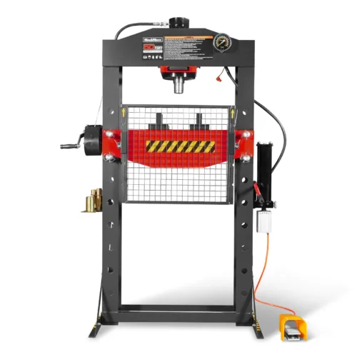50 Ton H-Frame Air/Hydraulic Shop Press with Hand Winch & Press Pin Kit, Fully Welded Steel Frame, Safety Guard, Foot Pedal Control, HSP50 50 Ton H-Frame Air/Hydraulic Shop Press with Hand Winch & Press Pin Kit, Fully Welded Steel Frame, Safety Guard, Foot Pedal Control, HSP50